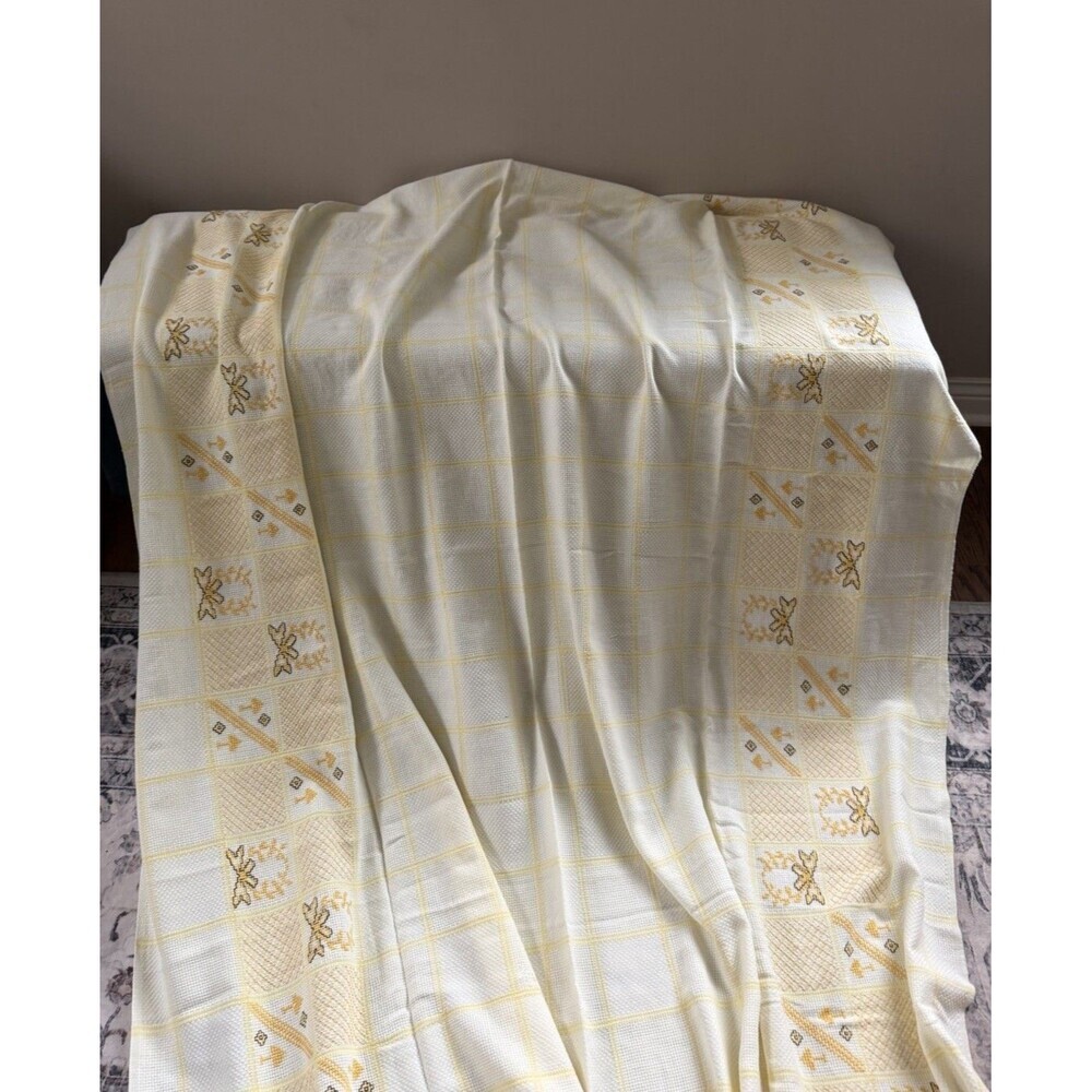 Vintage Hand Embroidered Cross Stitch Tablecloth Yellow Plaid Rectangle 86”